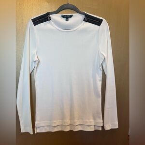 Ralph Lauren Cream Long Sleeve Top with Black Leather Shoulder Accents